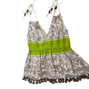 Venus Empire Waist Tank Top 6 Women Pom Fringe Wood Beads Boho Y2K Neutral White